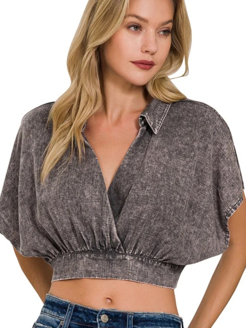 Zenana Outfitters Ash Black Linen Washed Banded Hem Surplice Crop Top sz L NWOT